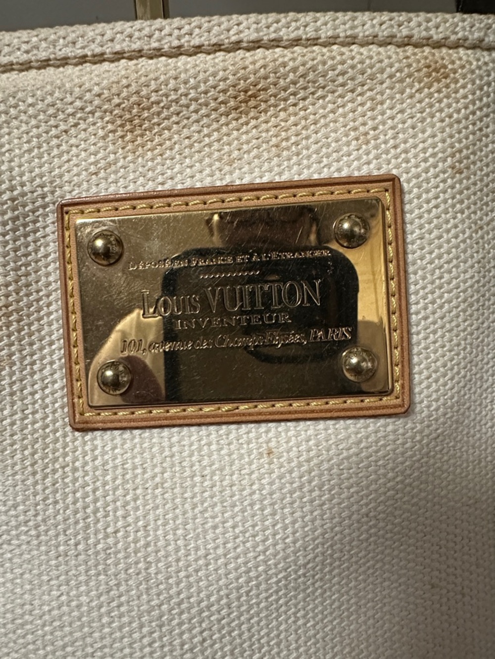 Louis Vuitton Cream Canvas Tote with Dark Brown Straps and Gold Plaque PRE-OWNED - Picture 8 of 17